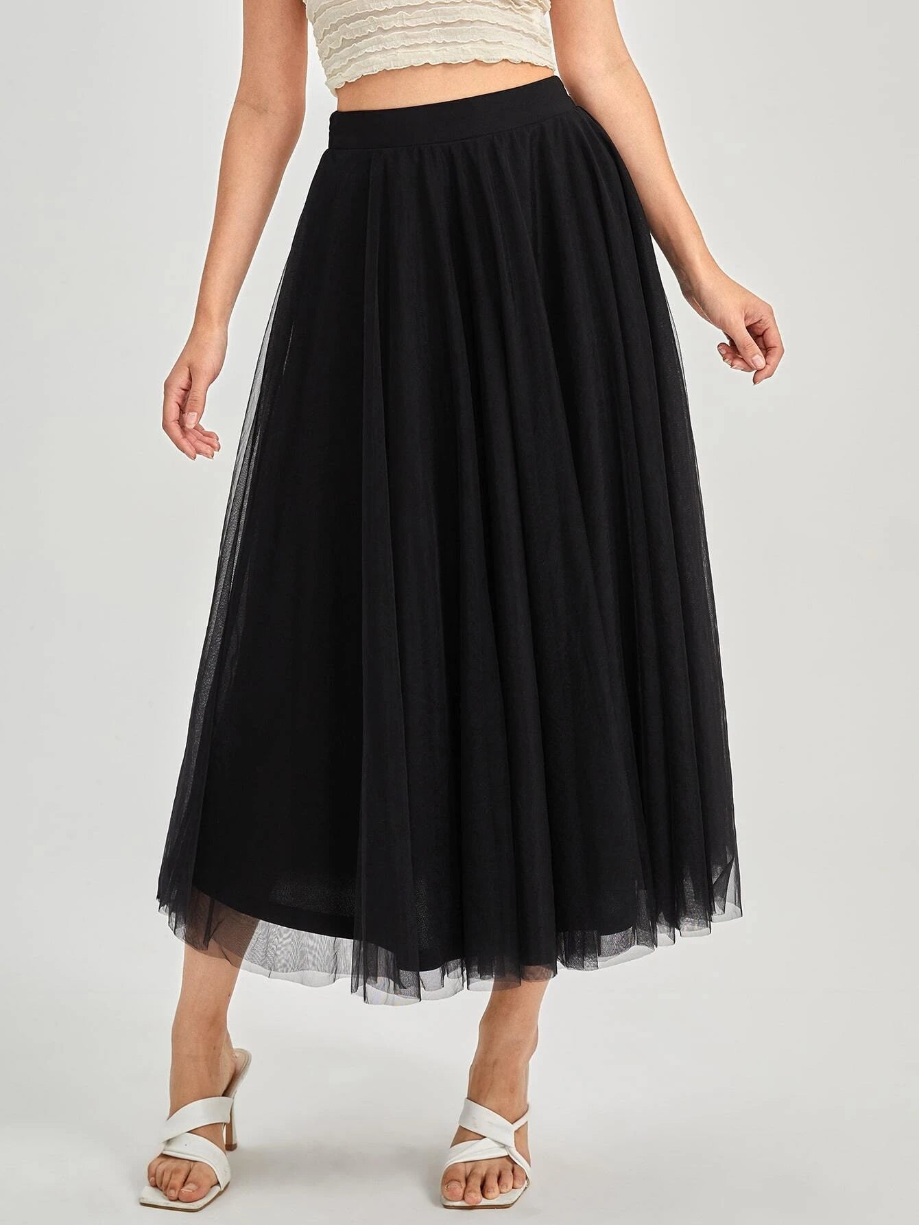 Solid Color Mesh Skirt_Black