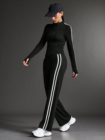Zipper Solid color Gym Tracksuit _ Black