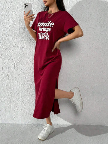 T_Shirt Dress with Slit_ Maroon