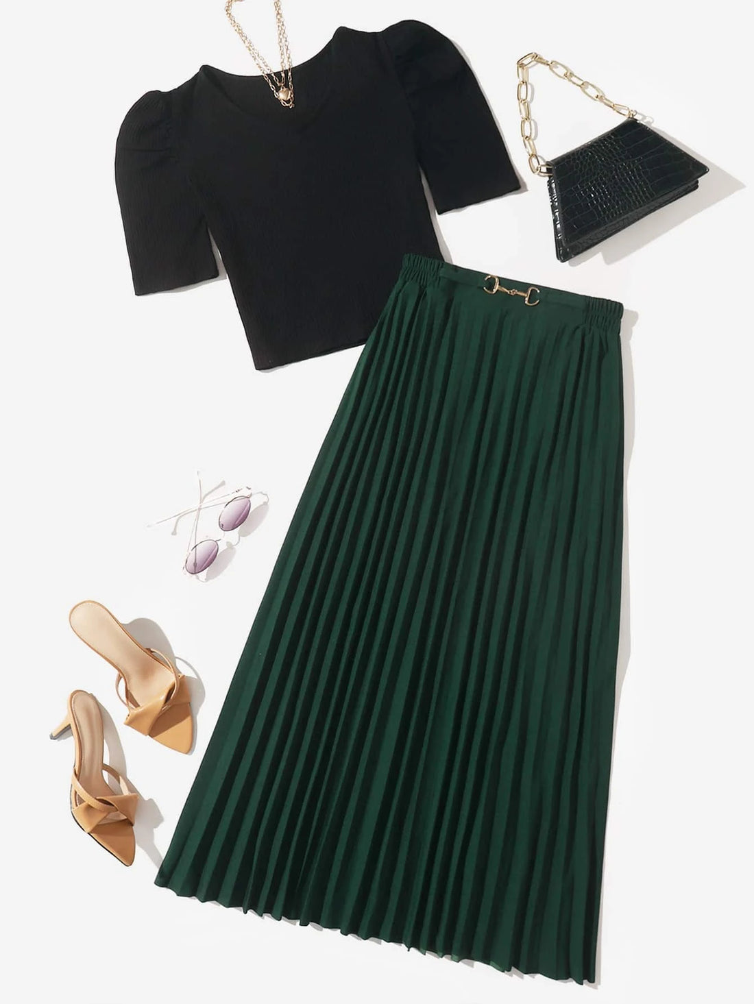 Puff Sleeves Top with pleated Silk Skirt_ Green