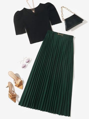 Puff Sleeves Top with pleated Silk Skirt_ Green