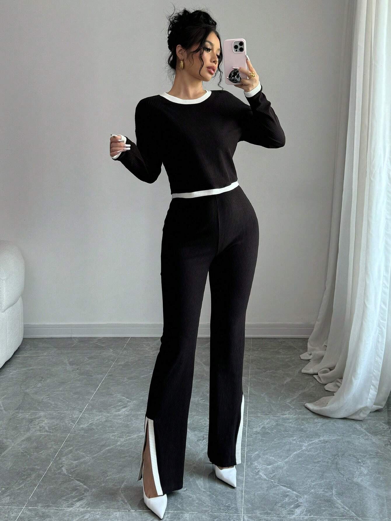 Solid color with White Pannel summer Tracksuit_Black