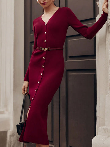 Button Down Ribbed Dress_Maroon