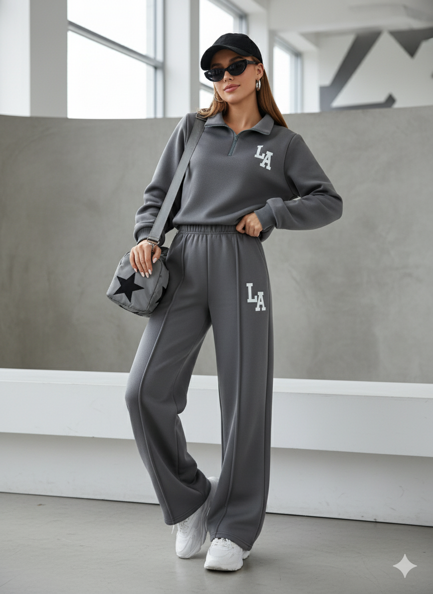 Collar Zip Letter Graphic Sweat & Flare Leg Pants-Grey