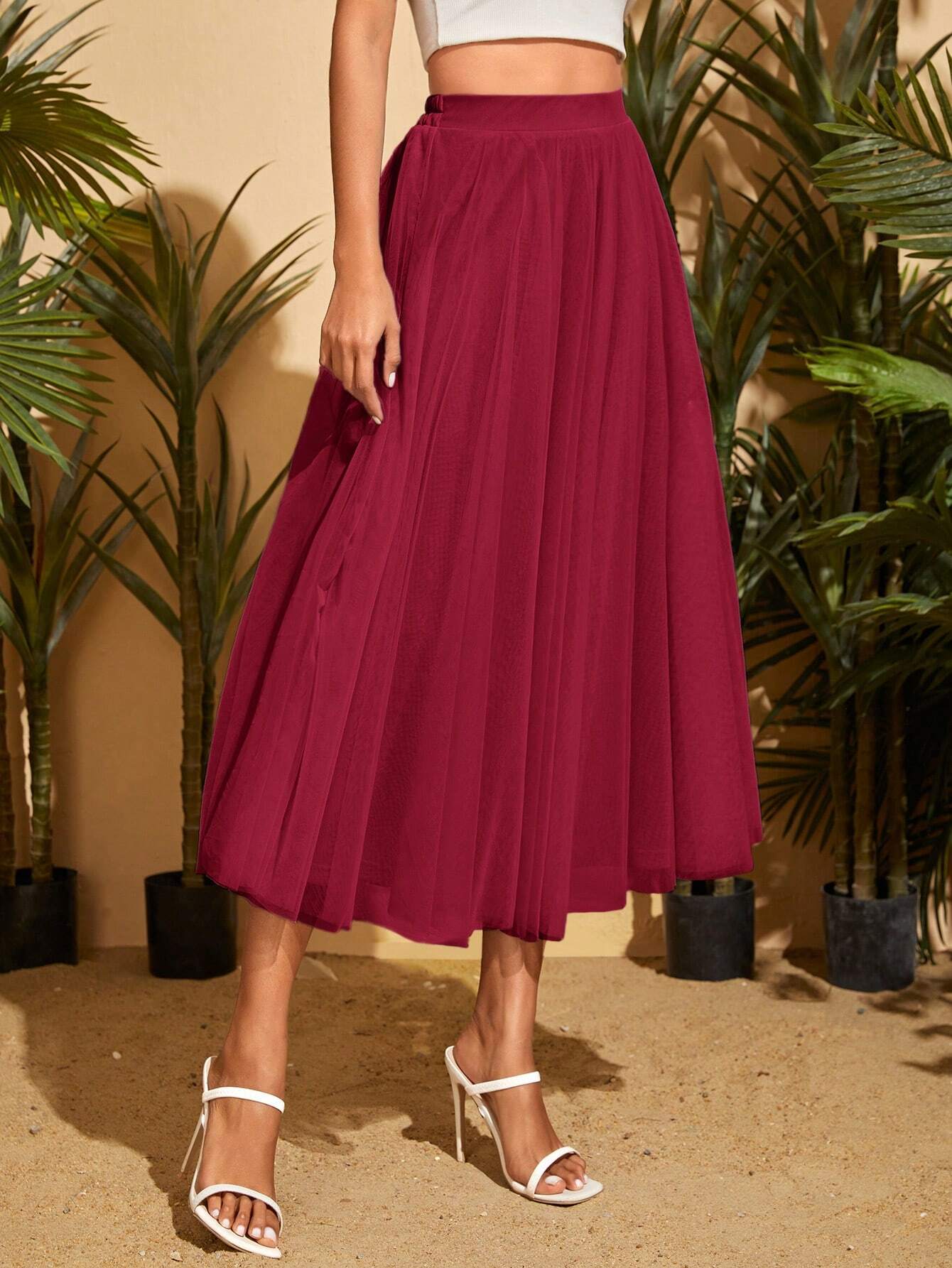 Solid Color Mesh Skirt_Maroon