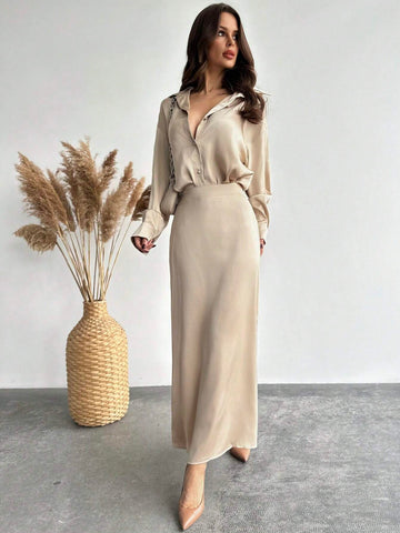 Button Down Silk Skirt and Shirt_ Beige