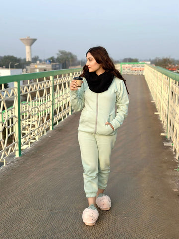 Plain Open Zip Hoddie & Jogger Pants-Mint Green