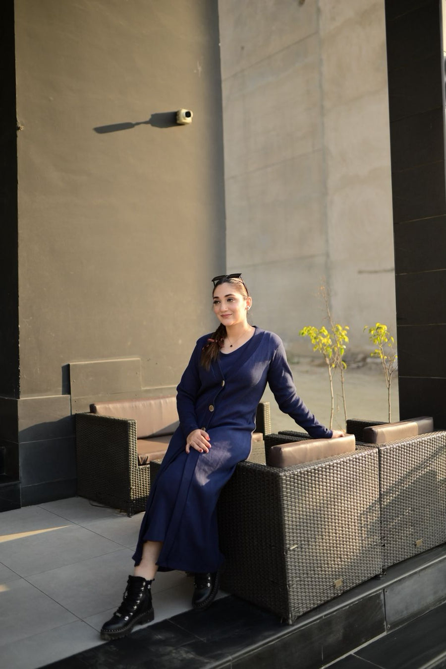 Sleeveless Dress with Cardigan - Navy Blue
