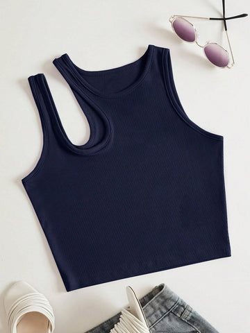 Side Cut Tank Top _ Navy Blue