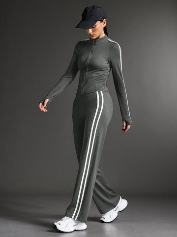 Zipper Solid color Gym Tracksuit _ Grey
