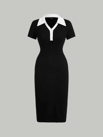 SOLID HALF SLEEVE BODYCON RIBBED DRESS _Black