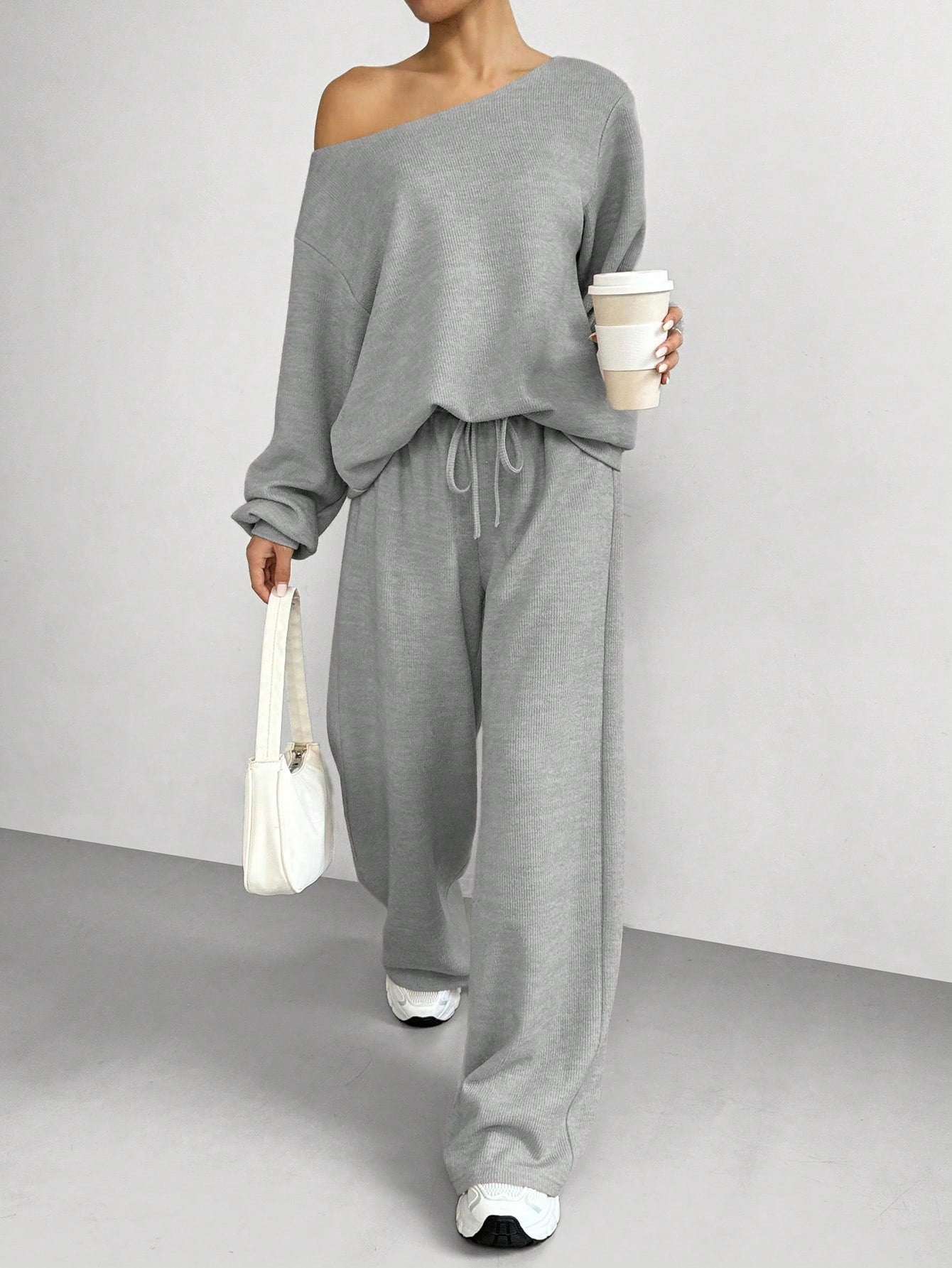Boat Neck Solid color summer Tracksuit_Grey