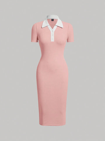 SOLID HALF SLEEVE BODYCON RIBBED DRESS _Pink