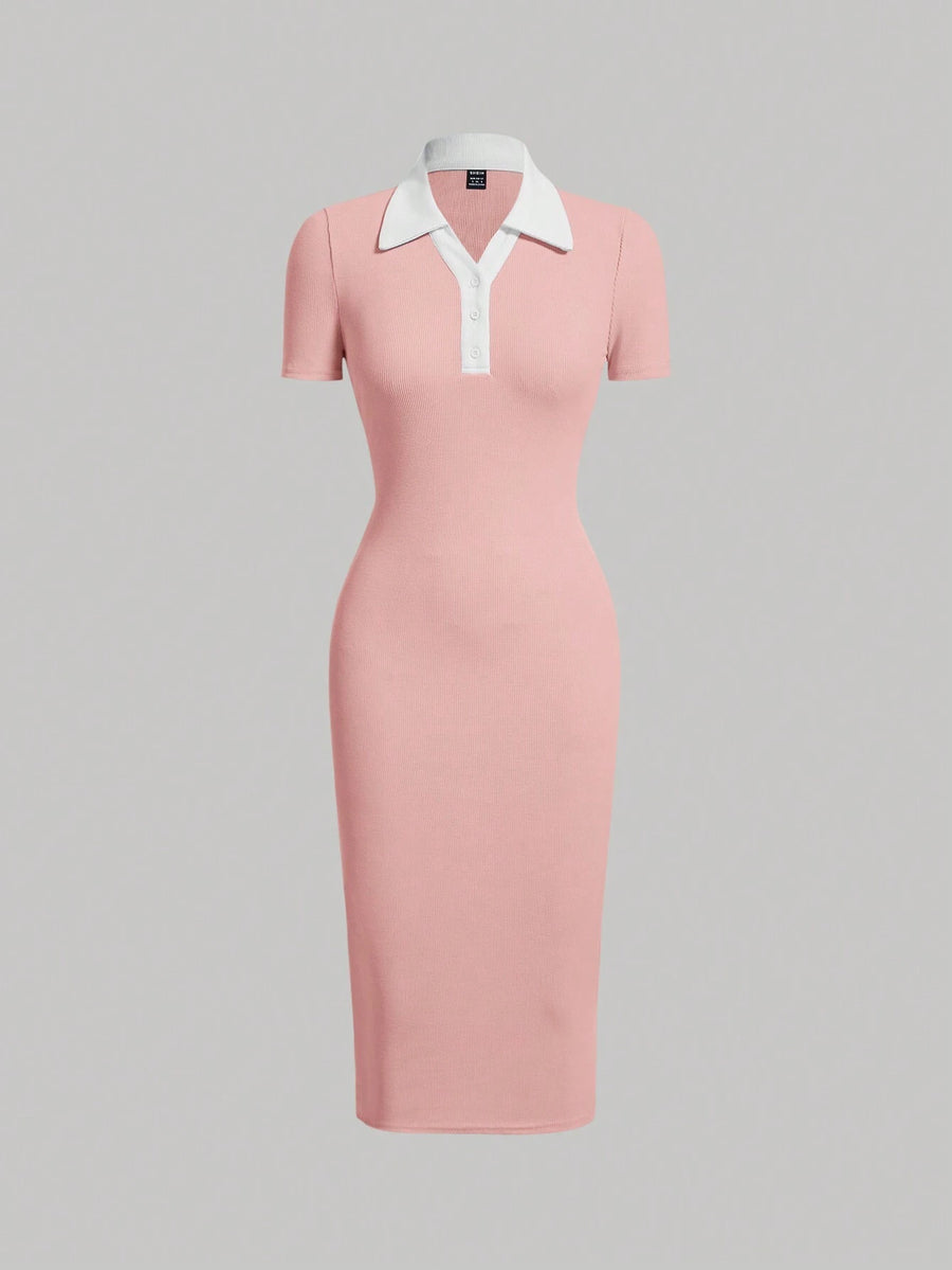 SOLID HALF SLEEVE BODYCON RIBBED DRESS _Pink