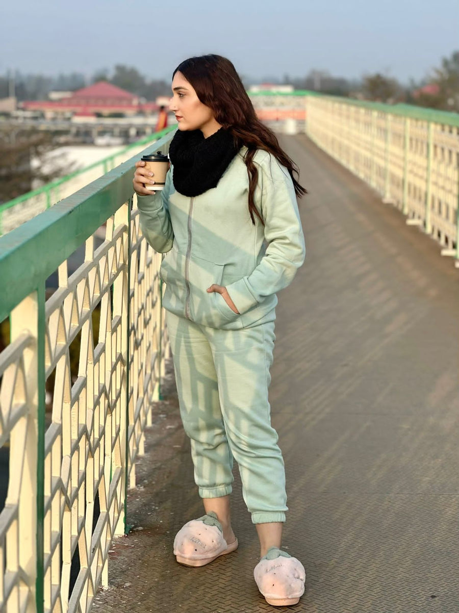 Plain Open Zip Hoddie & Jogger Pants-Mint Green