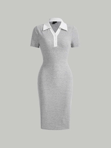 SOLID HALF SLEEVE BODYCON RIBBED DRESS _Grey
