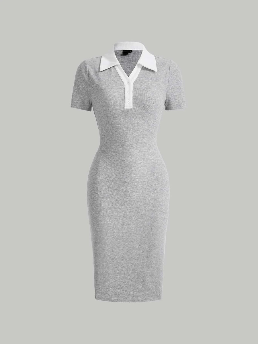 SOLID HALF SLEEVE BODYCON RIBBED DRESS _Grey