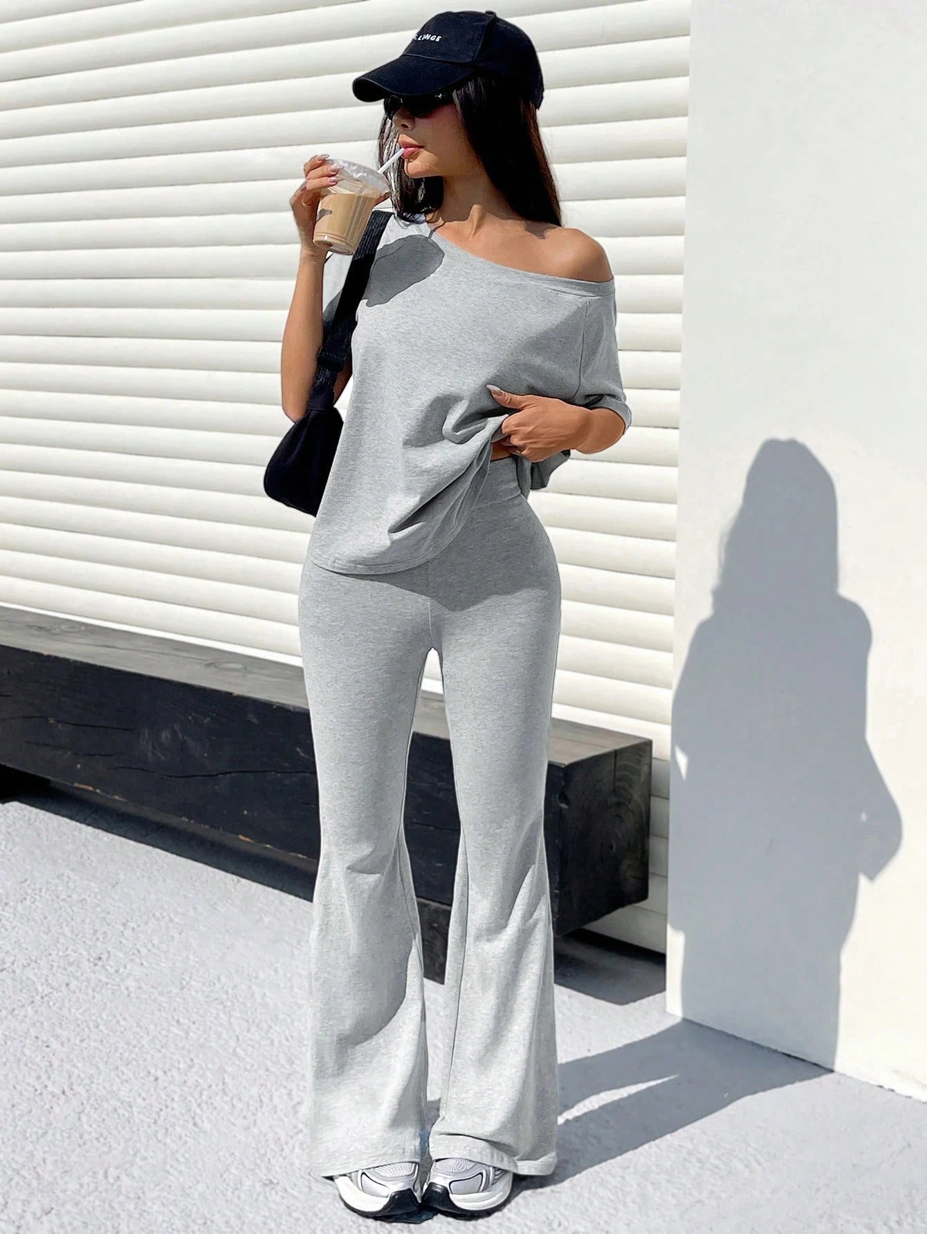 Boat Neck half sleeve Solid color summer Tracksuit_Grey
