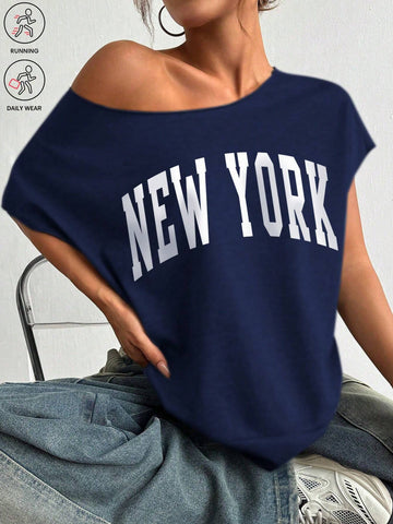 New York Boat neck Solid color Gym Tee _Navy