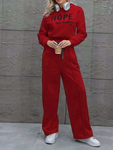 Nope Hoddie & Flare Leg Pants-Red