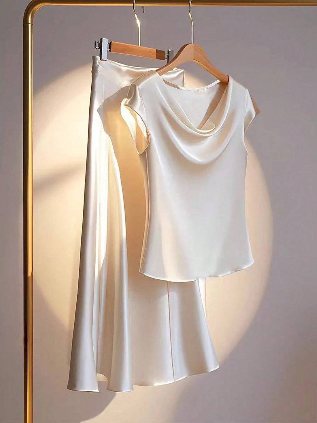 Drapped Neck Silk Skirt and Shirt_ White