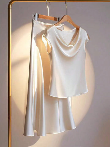 Drapped Neck Silk Skirt and Shirt_ White