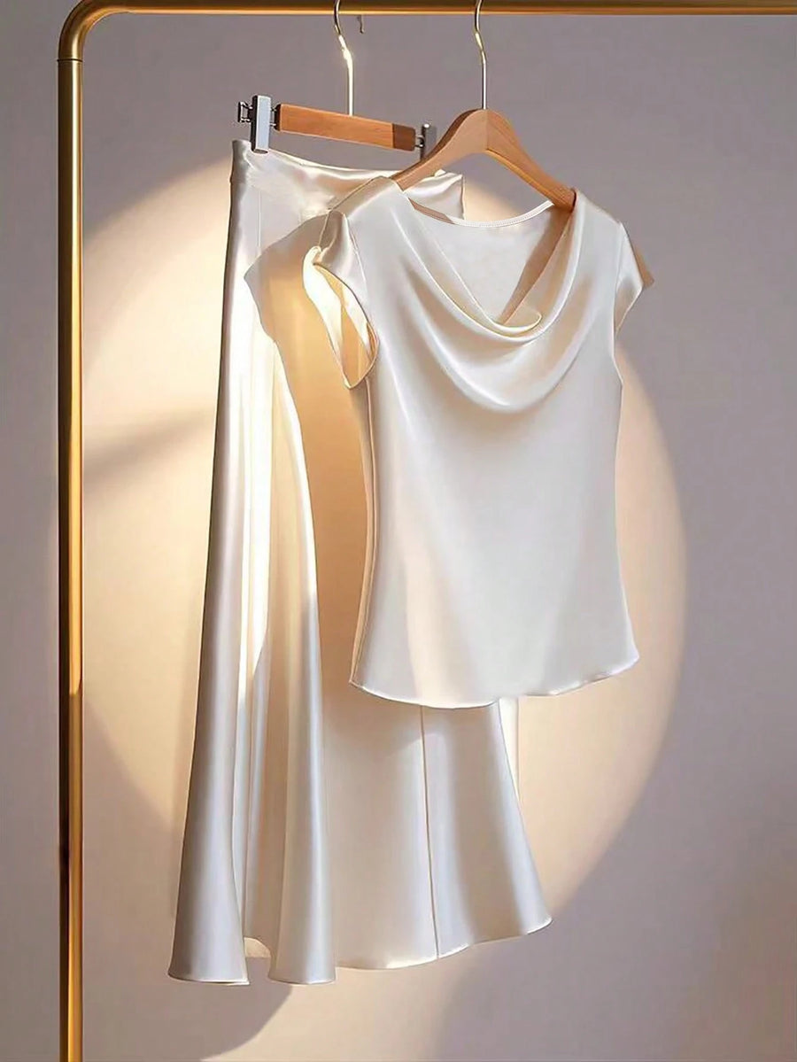Drapped Neck Silk Skirt and Shirt_ White