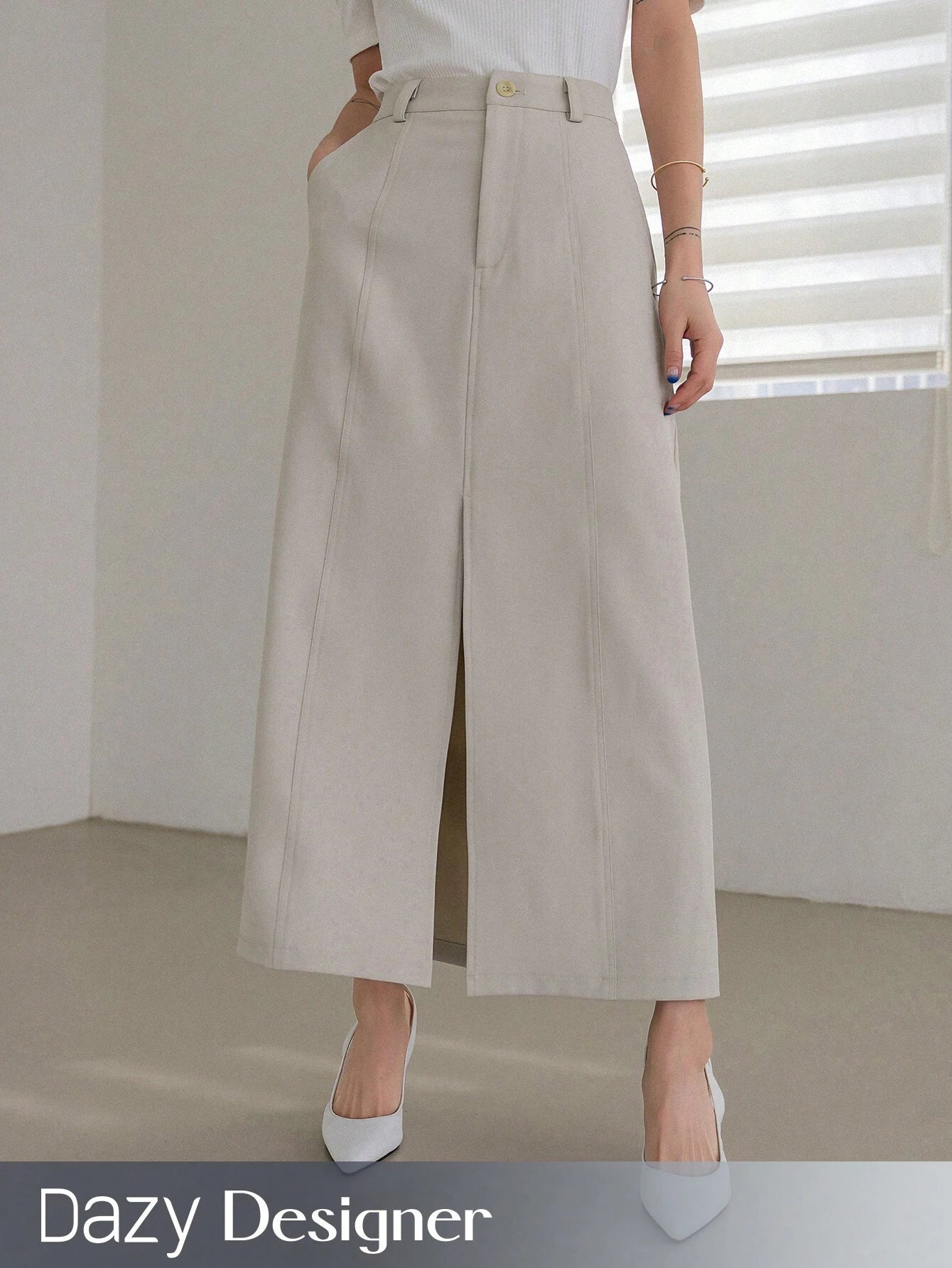 Summer Midi Skirt With Split Hem_Ash White