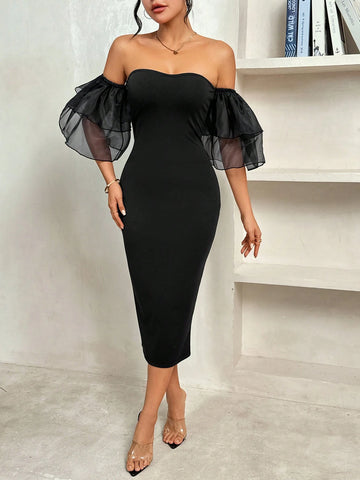 Off Shoulder Dress Organza Sleeves_ Black