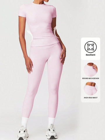 Solid color Half Sleeves Gym Tracksuit _ Pink