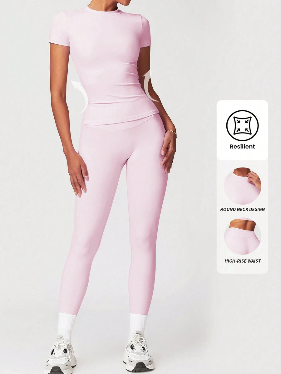 Solid color Half Sleeves Gym Tracksuit _ Pink