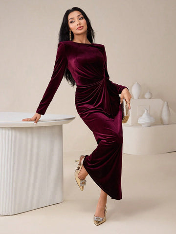 Round Neck Velvet Dress_ Maroon