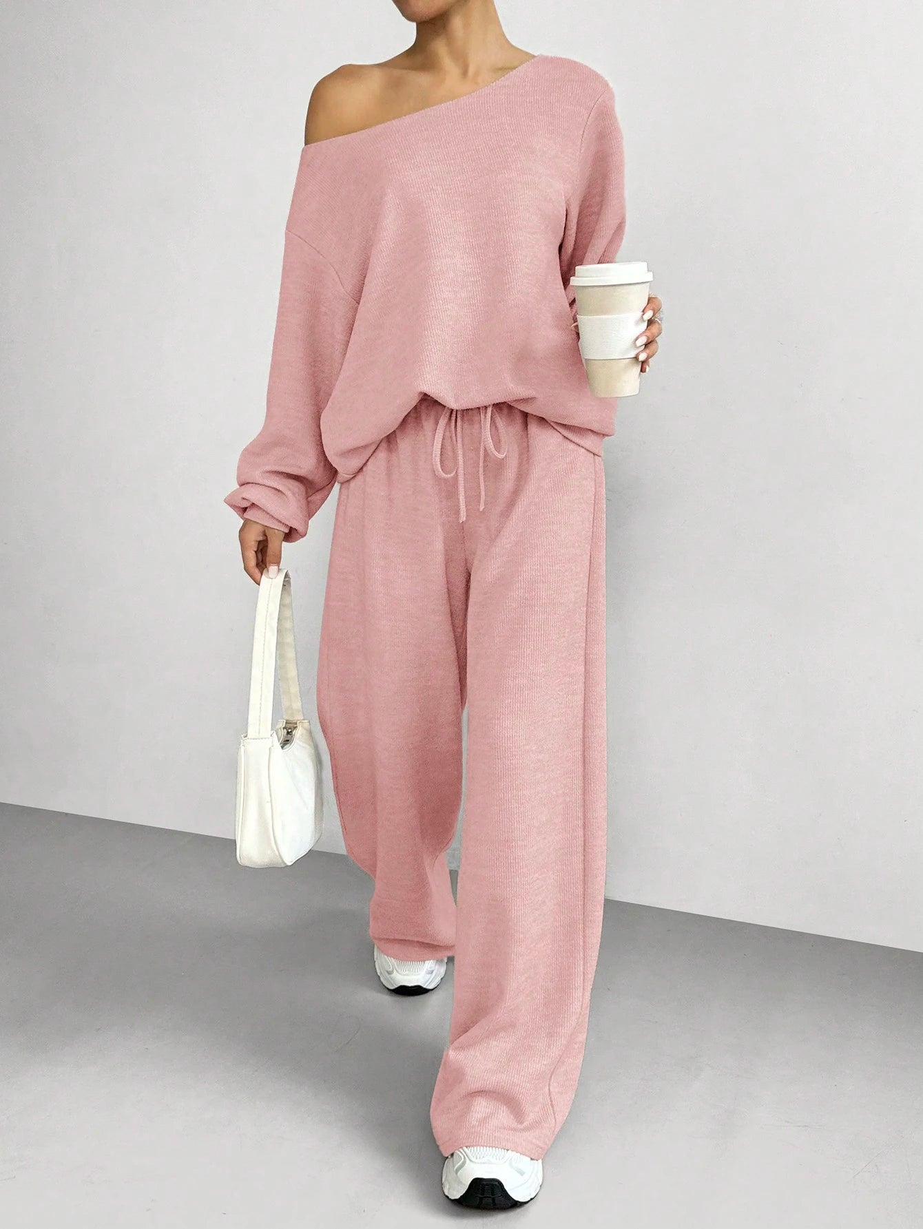 Boat Neck Solid color summer Tracksuit_Pink