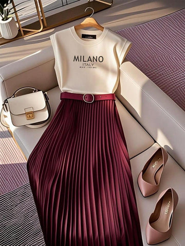 Solid Top with Pleated Skirt_ Maroon
