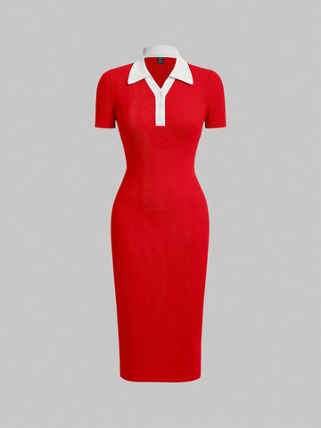 SOLID HALF SLEEVE BODYCON RIBBED DRESS _Red
