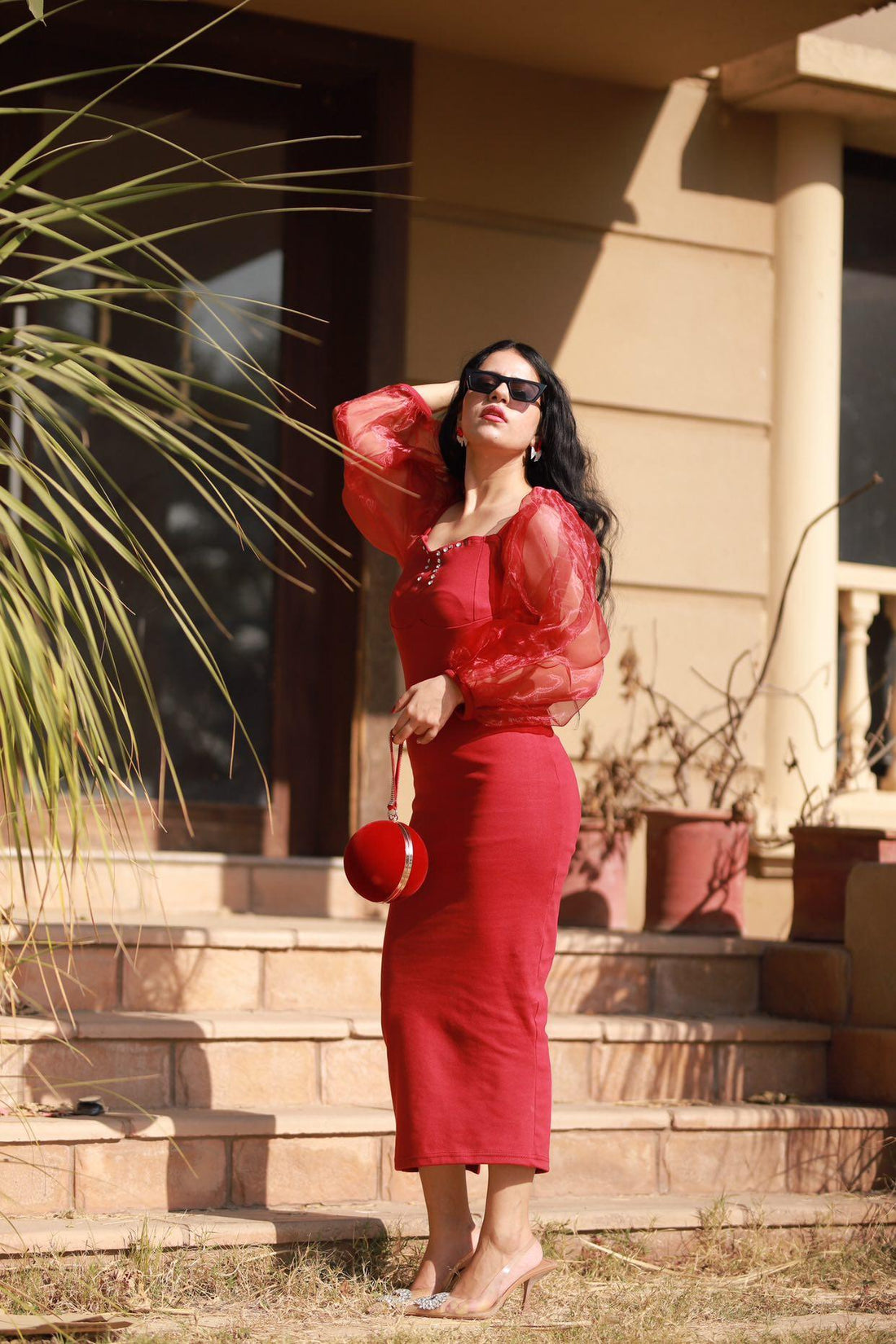Mesh Sleeves Dress _ Maroon