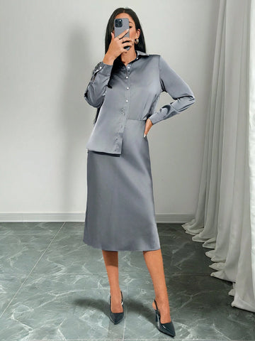 Button Down Silk Skirt and Shirt_ Grey