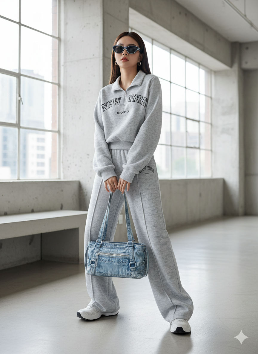 Collar Zip Letter Graphic Sweat & Flare Leg Pants-Grey