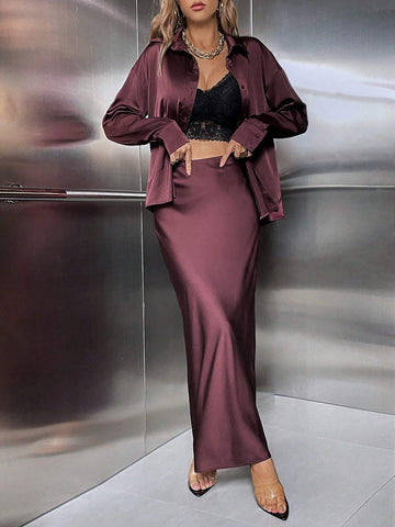 Button Down Silk Skirt and Shirt_ Maroon