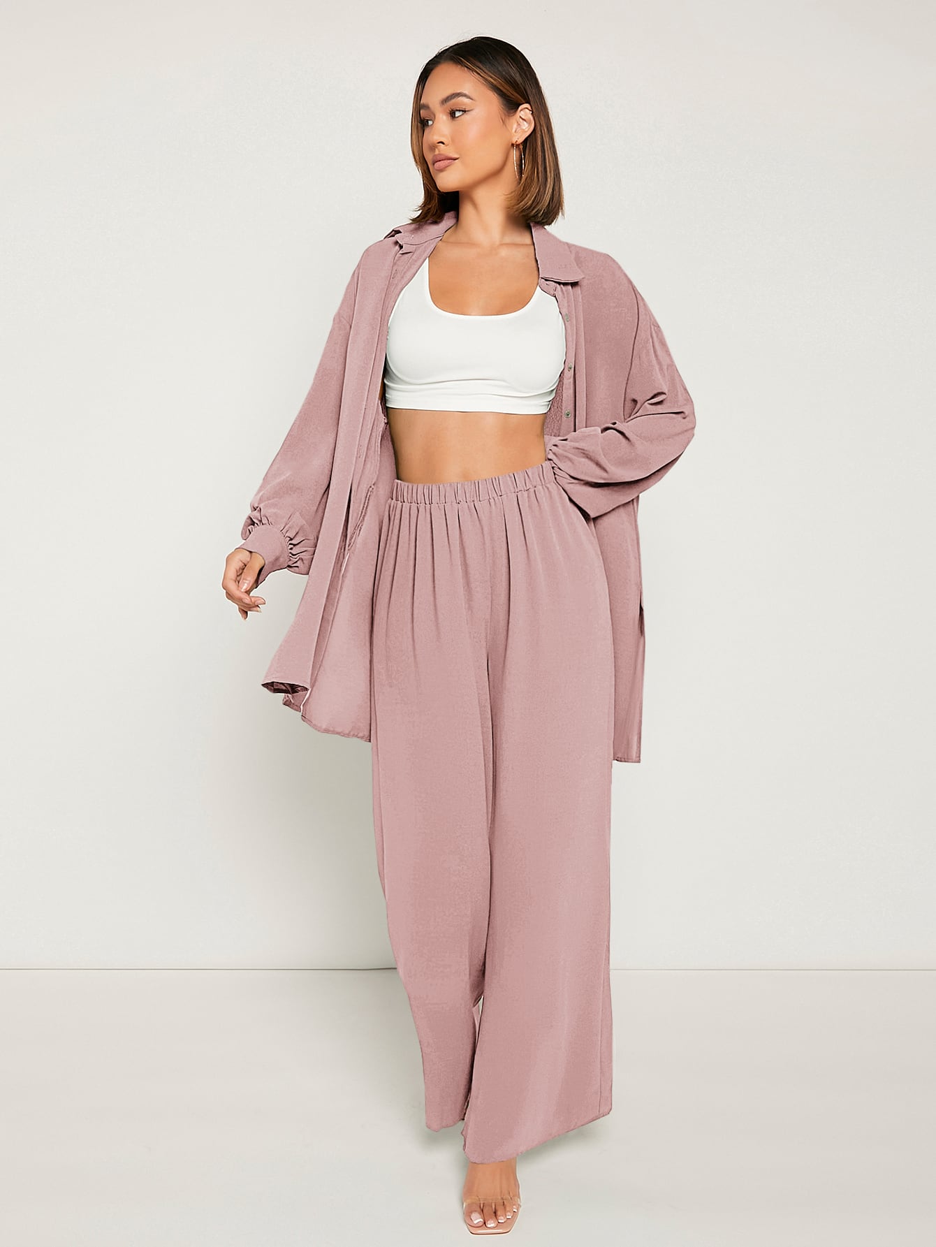 Solid Button Front  Blouse & Pant _ Pink
