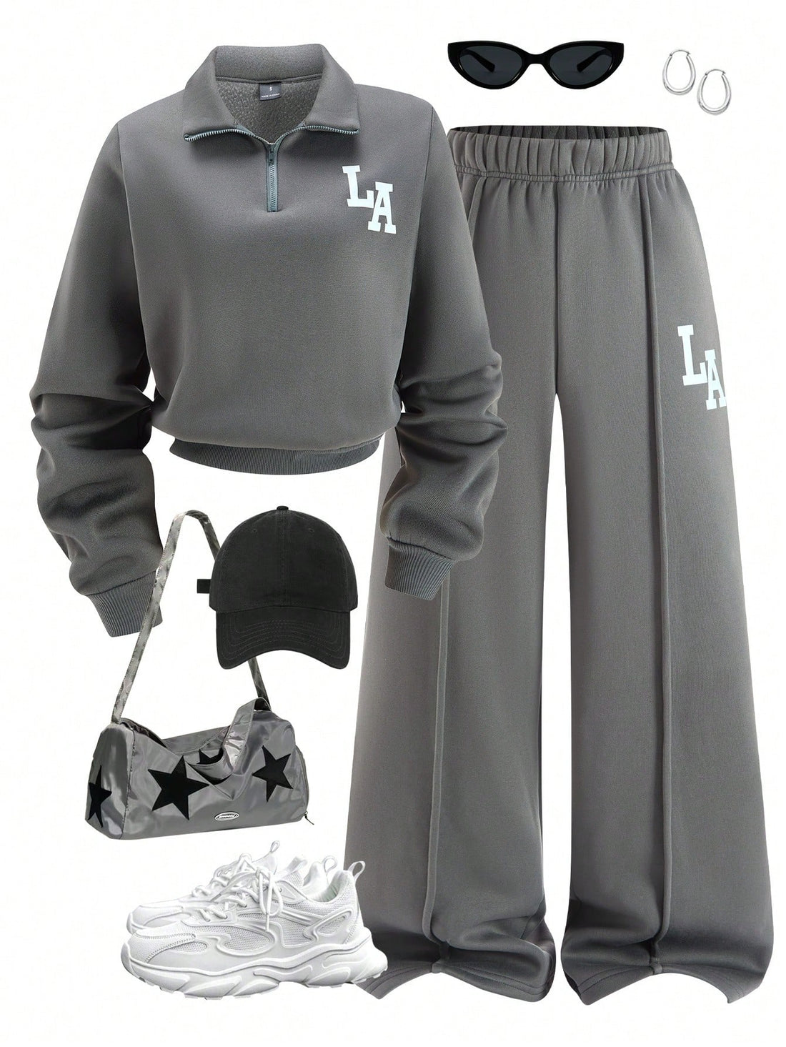 Collar Zip Letter Graphic Sweat & Flare Leg Pants-Grey