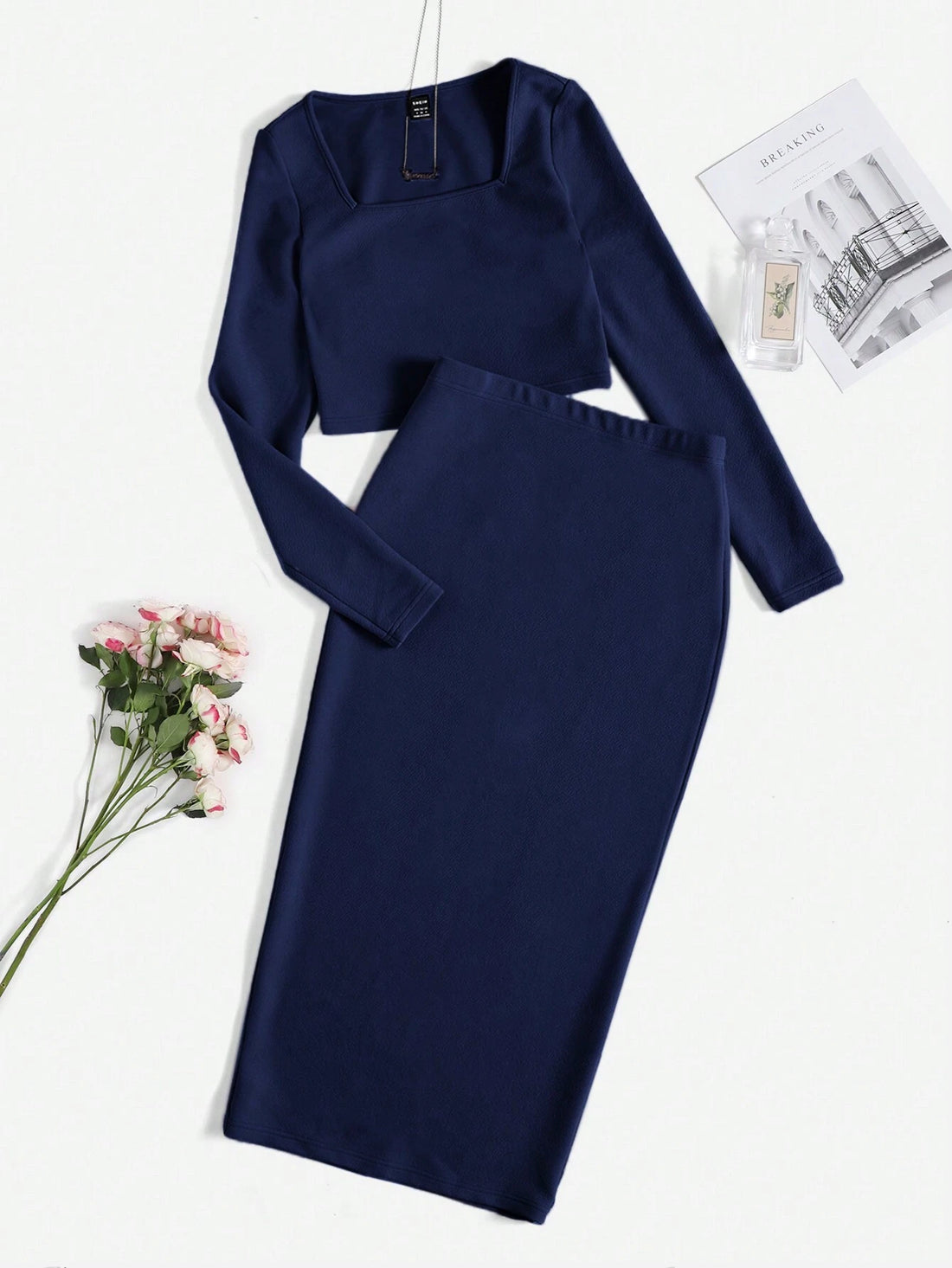 SOLID TOP & SPLIT HEM PENCIL SKIRT SET_ Navy Blue