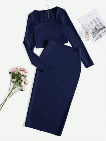 SOLID TOP & SPLIT HEM PENCIL SKIRT SET_ Navy Blue