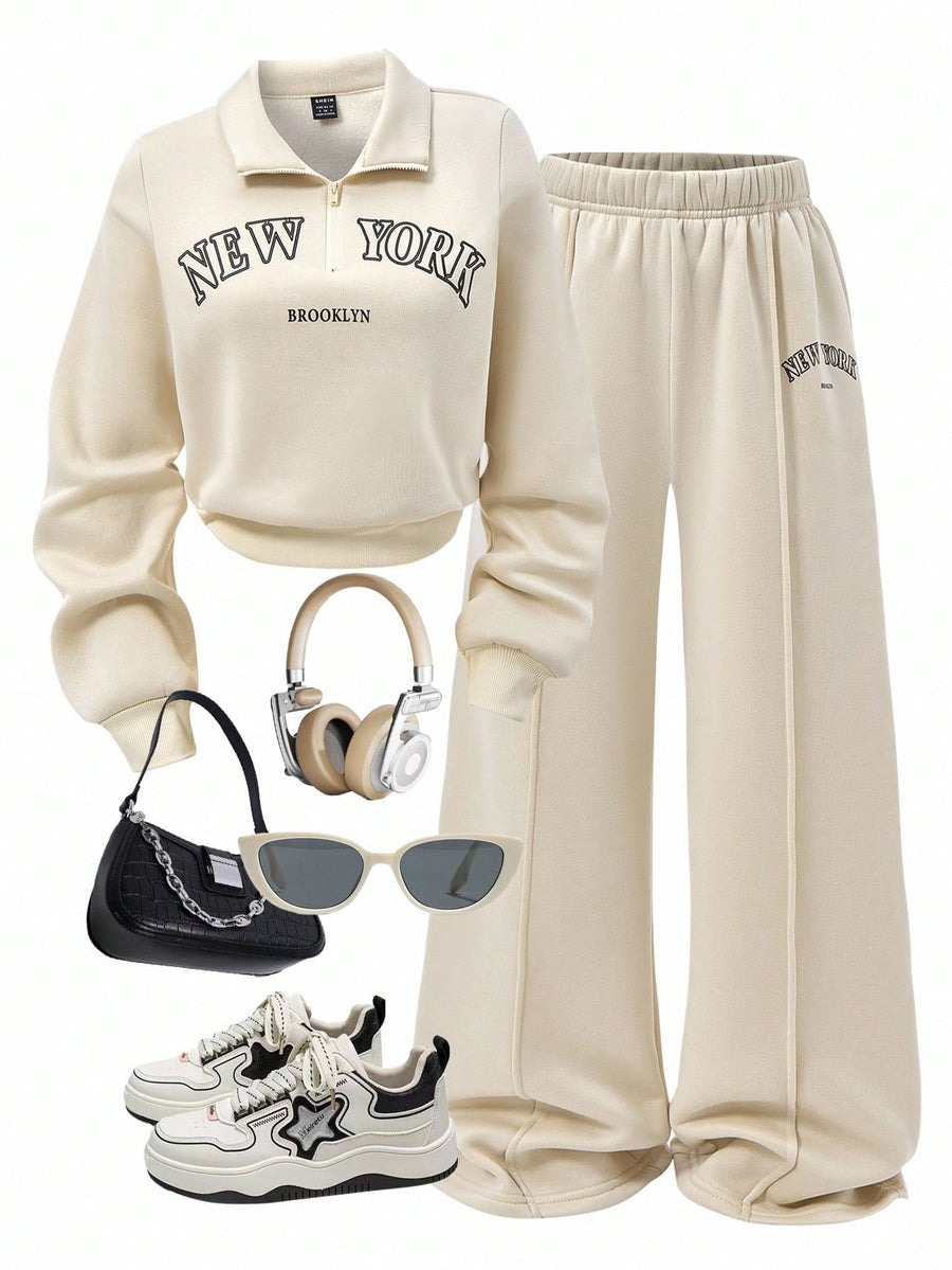 Collar Zip Letter Graphic Sweat & Flare Leg Pants-Cream White