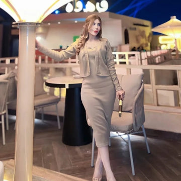 Sleeveless Dress with short Cardigan - Skin