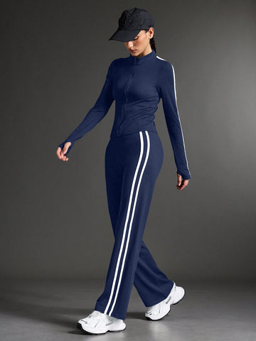 Zipper Solid color Gym Tracksuit _ Navy