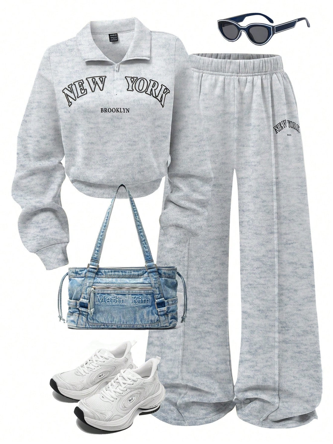 Collar Zip Letter Graphic Sweat & Flare Leg Pants-Grey