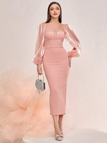 Mesh Lantern Sleeve Split Back Bodycon Dress_Peach