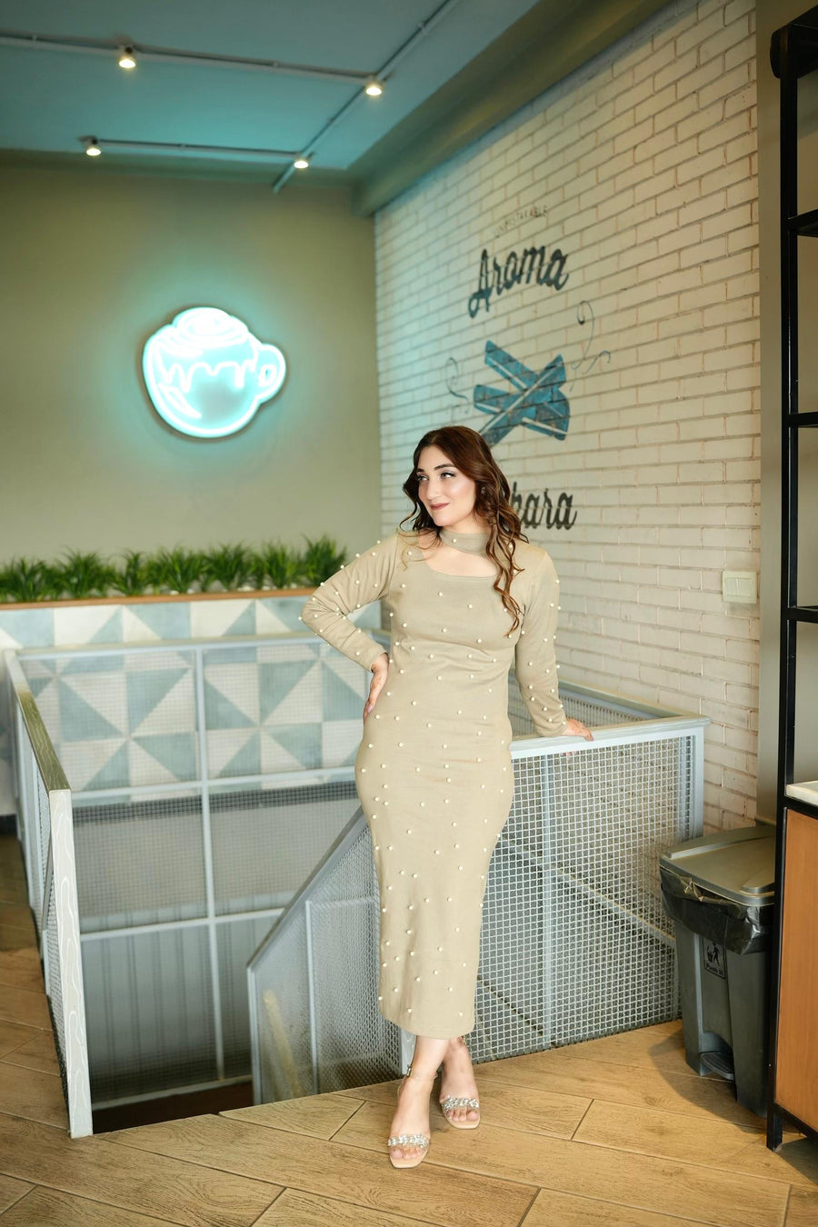 Cut Neck Dress with Pearls - Grey