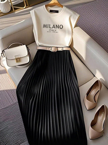 Solid Top with Pleated Skirt_ Black